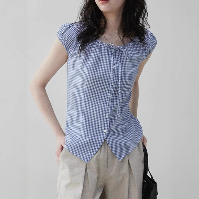 "Mustard Pie Vooe" French Retro Contrasting Color Plaid Drawstring Shirt for Women, New Summer Style, Age-Reducing Short-Sleeved Top "Mustard Pie Vooe" French Retro Contrasting Color Plaid Drawstring Shirt for Women, New Summer Style, Age-Reducing Short-Sleeved Top