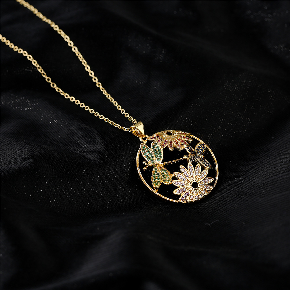 Retro Luxury Copper Micro-inlaid Zircon Jewelry Dragonfly Butterfly Flower Necklace display picture 3