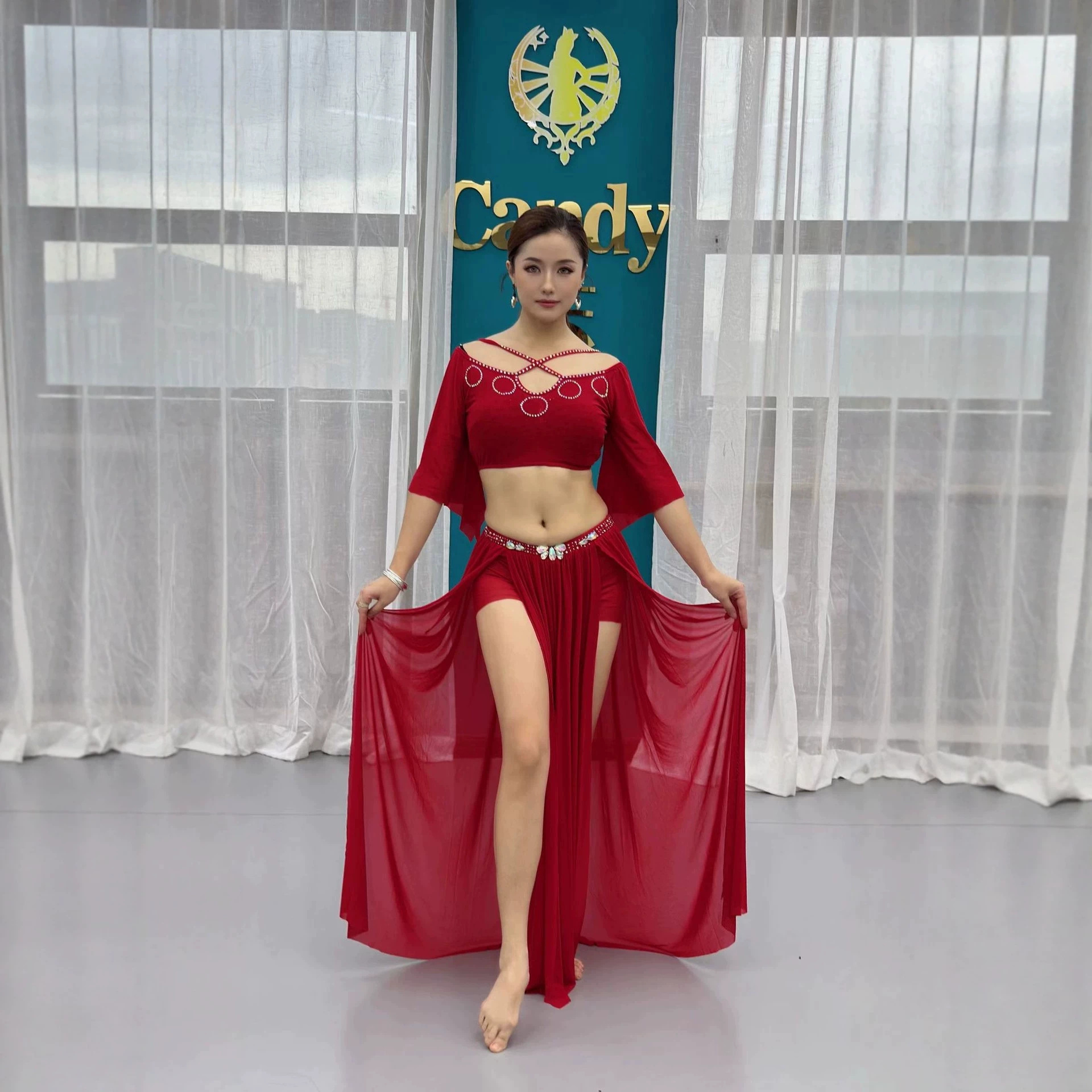 Cross-border exclusive belly dance practice outfit for spring and summer performances, oriental dance practice dress, long skirt, group uniform