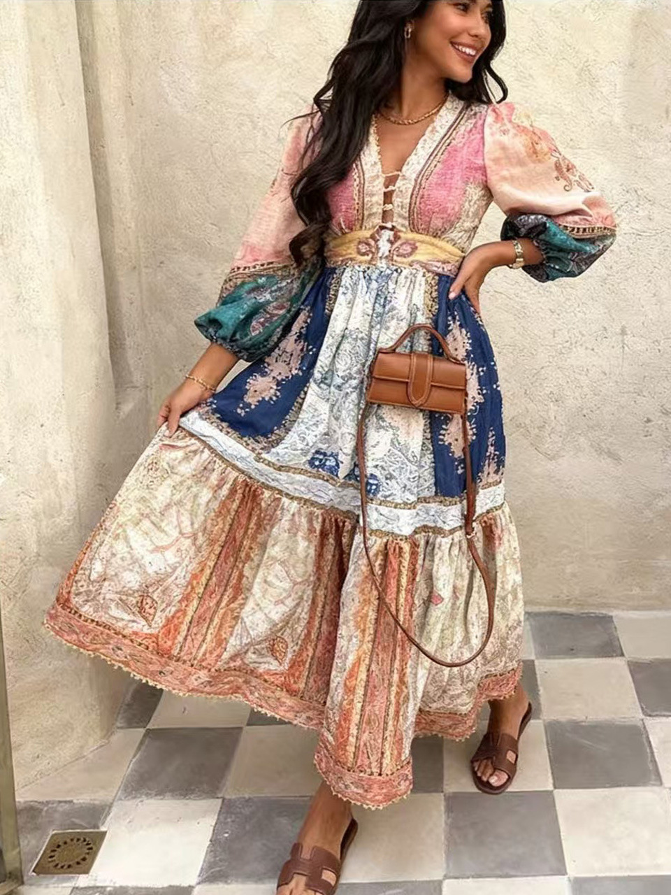 Amazon cross-border foreign trade new retro printed ethnic style long puff sleeve women's holiday commuting dress