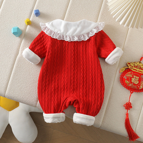 Winter baby lace collar with front open button, newborn climbing clothes, mushroom double-layer jumpsuit