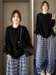黑色针织开衫女春秋季宽松慵懒风休闲感外搭厚毛衣外套上衣冬