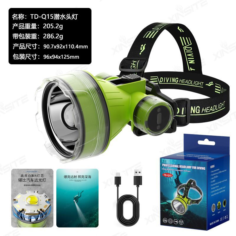 Transfronterizos al aire libre led foco fijo buceo luz fuerte larga duración cabeza recargable batería resistente al agua faro de pesca