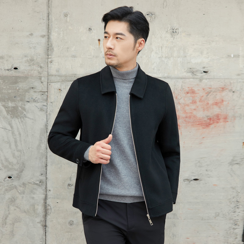 Autumn and Winter Pure Wool Jacket Men's Zipper Lapel Double-Sided Woolen Coat Business Casual Thickened Cashmere Coat