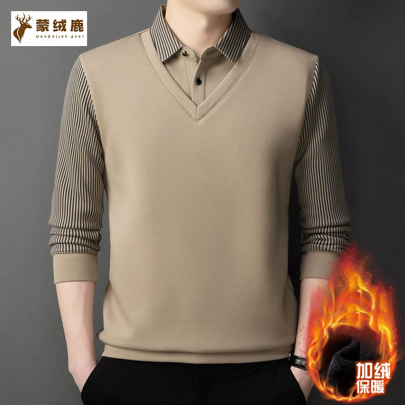 Осенние и зимние бархатные мужские поддельные две теплые одежды среднего возраста мужские повседневные лацканы толстые полоски футболки топ