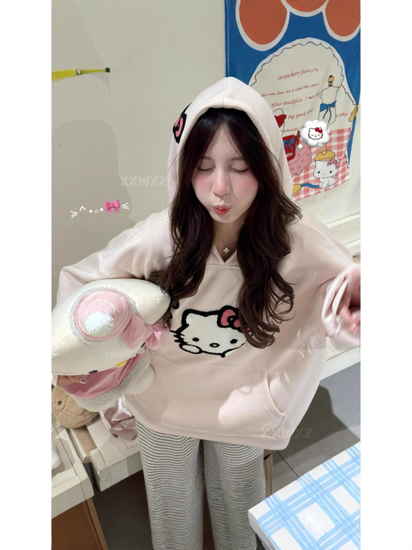 刺绣kitty猫蝴蝶结连帽卫衣女春秋季宽松慵懒风可爱甜美软妹外套|undefined
