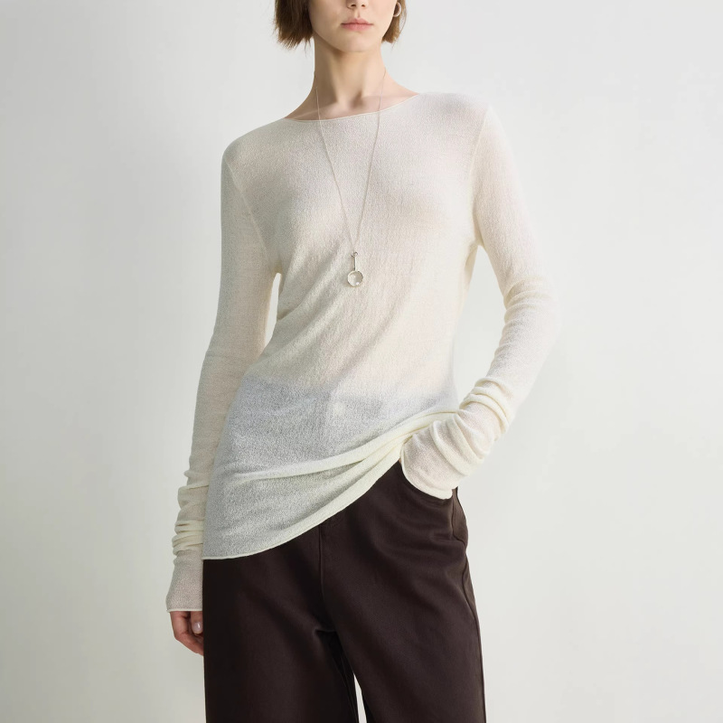 Triacetate Wool Stylish Rolled-Edge Boat Neck Jacquard Texture Slimming Top Knit Sweater