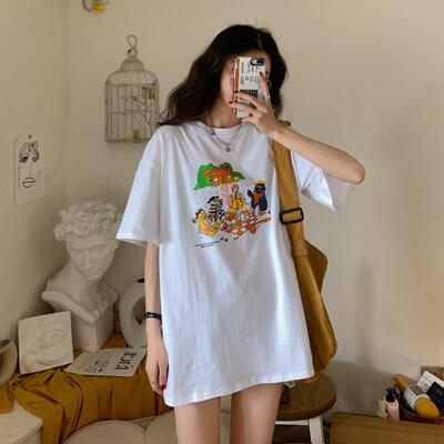 网红t恤女ins超火夏季2020新款韩版卡通印花宽松显瘦圆领短袖上衣|ms
