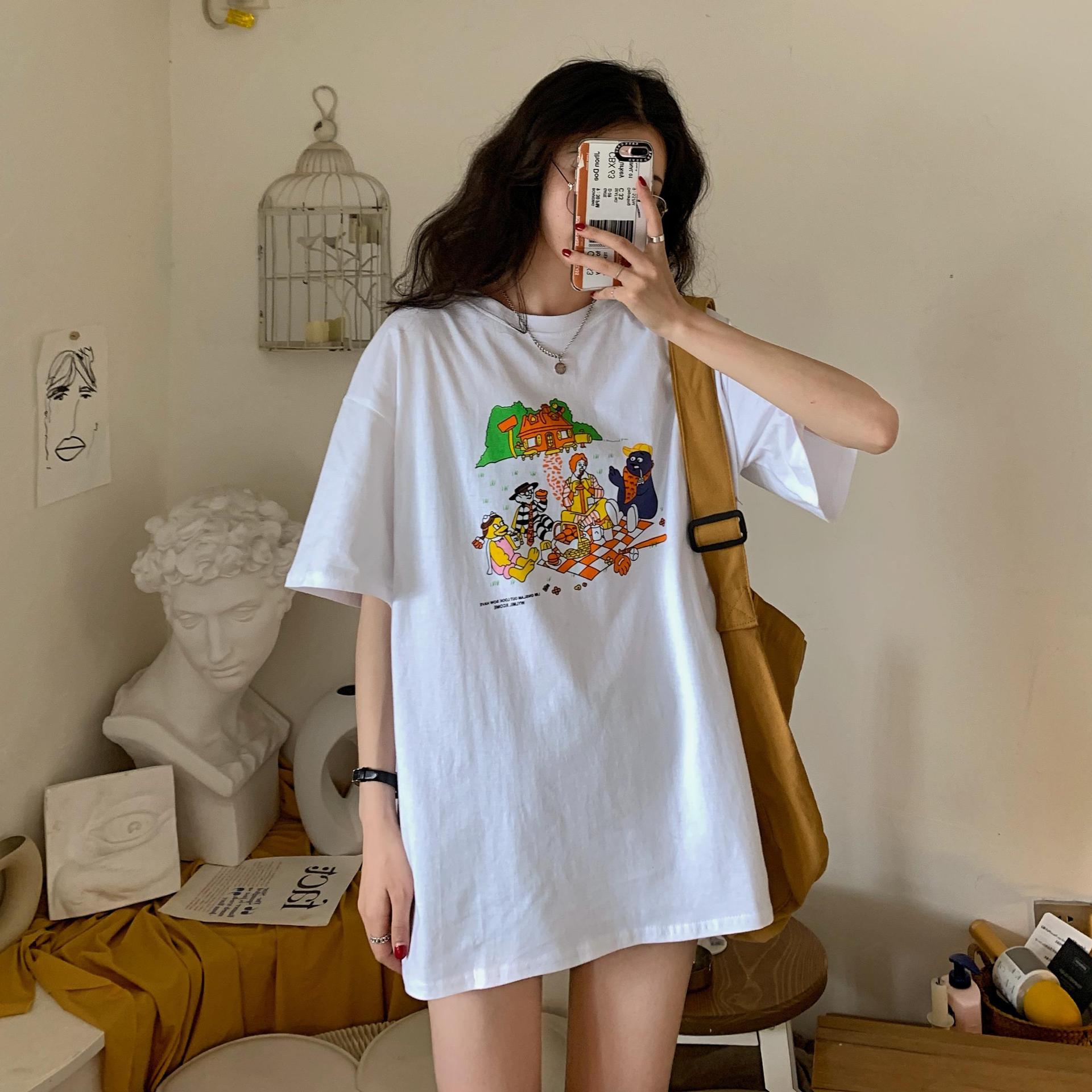 网红t恤女ins超火夏季2020新款韩版卡通印花宽松显瘦圆领短袖上衣|ms