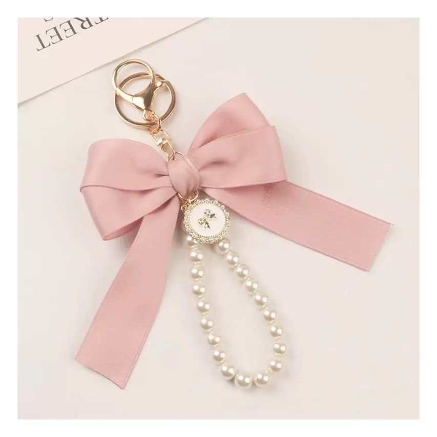 Брелок keychain с жемчужным подвесом и бантом из ленты, петля из бусин, 12×9 см