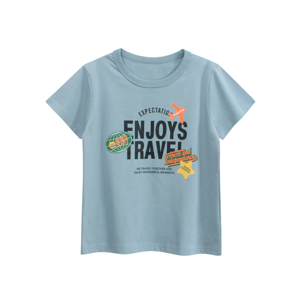 27kids ropa para niños manga corta para niños 2025 verano nueva camiseta de cuello redondo de dibujos animados tops para niños fuente de Douyin