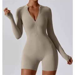 長袖 Tシャツダンスヨガウェア女性のジャンプスーツ春と秋のヨーロッパとアメリカのショートパンツジッパーオープンカラーフィットネススポーツジャンプスーツ