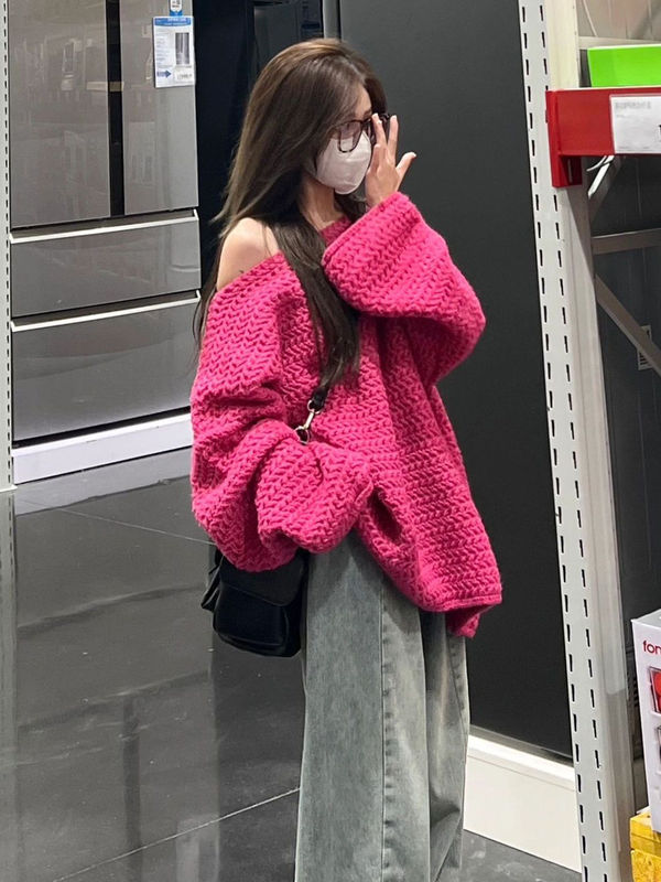 Korean Style Red Lazy Thick Sweater for Women Autumn and Winter New Loose Mid-Length Thick Sweater