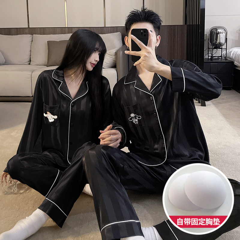 2025 New Summer Hot Style Ice Silk Long-Sleeved Cartoon Couple with Chest Pad Two-Piece Home Wear Suit for Outer Wear