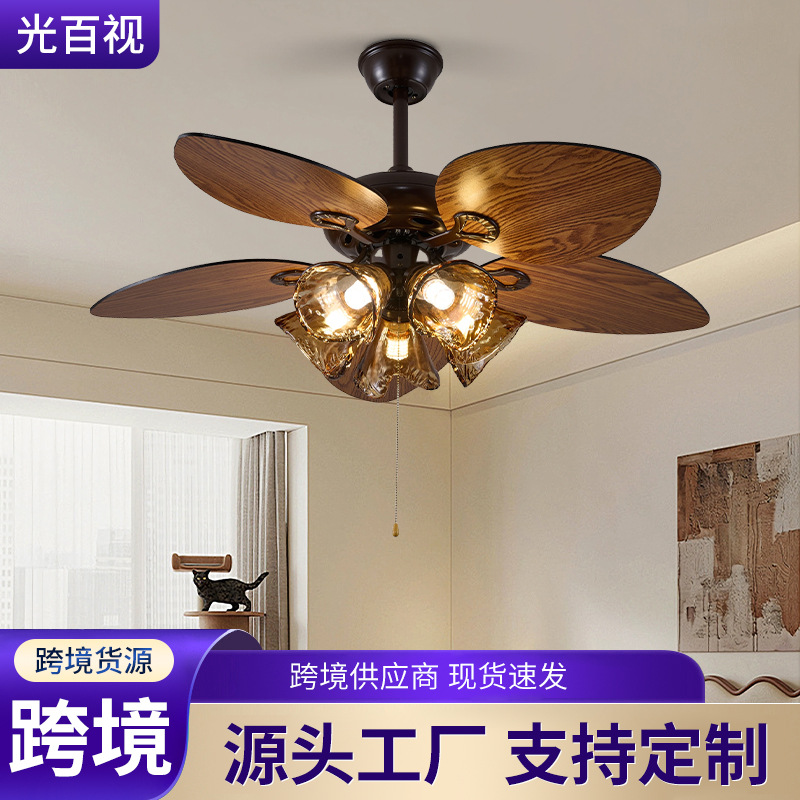 Fan Lamp Zhongshan Lamps Retro Solid Wood Living Room Fan Lamp Ceiling Fan Lamp 42inch Fan Lighting Integrated Lamp Cross-Border