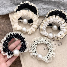 法式高级感韩系蕾丝边雪纺小肠发圈新款夏天扎头发珍珠头绳女头饰