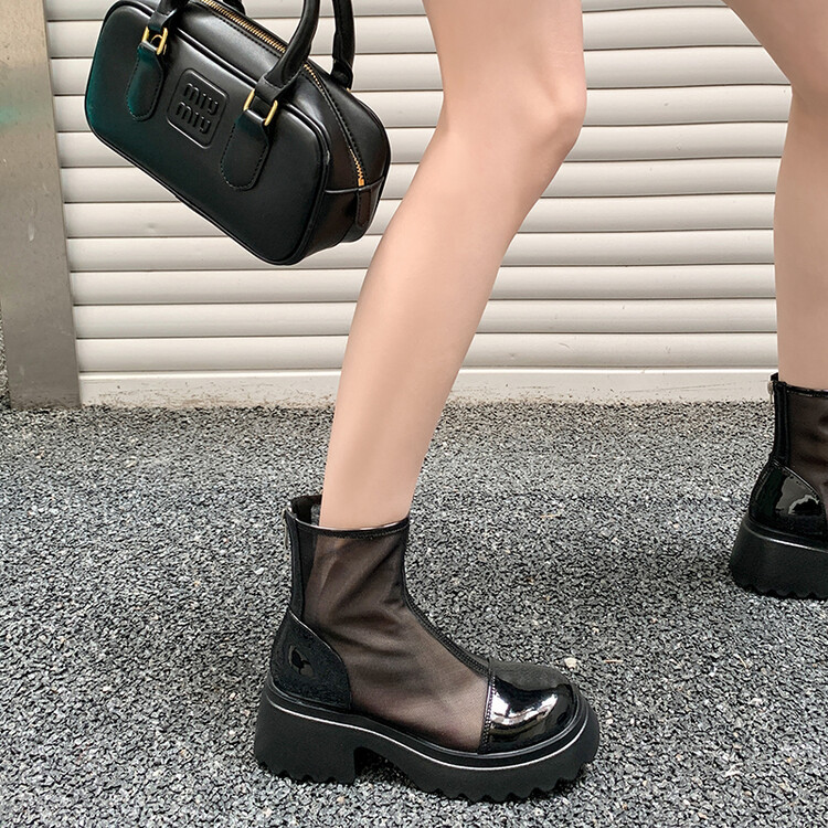 Boot ngắn nữ da thật vải lưới cao gót 6cm mùa hè phong cách Anh thoáng khí — Màu đen, Trắng be chi tiết 81