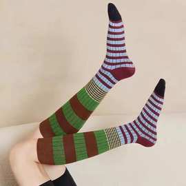 欧货22秋冬新款基础线撞色条纹ins潮小腿袜显瘦棉质女长筒袜批发