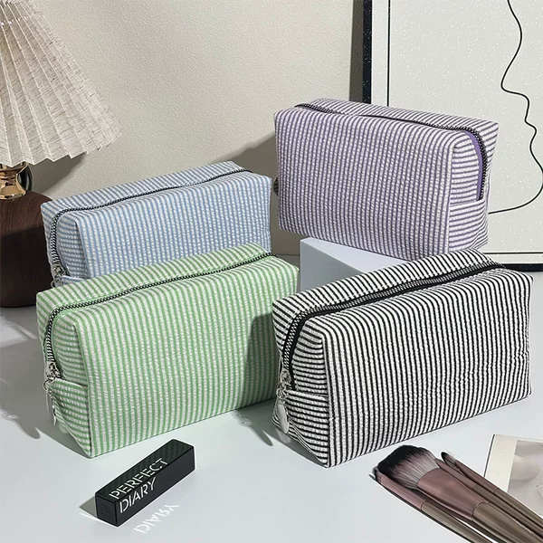 Seersucker Small Cosmetic Bag, Custom Striped Embroidered Cosmetic Bag, Large Capacity Cosmetic Storage Bag, Travel Toiletry Bag
