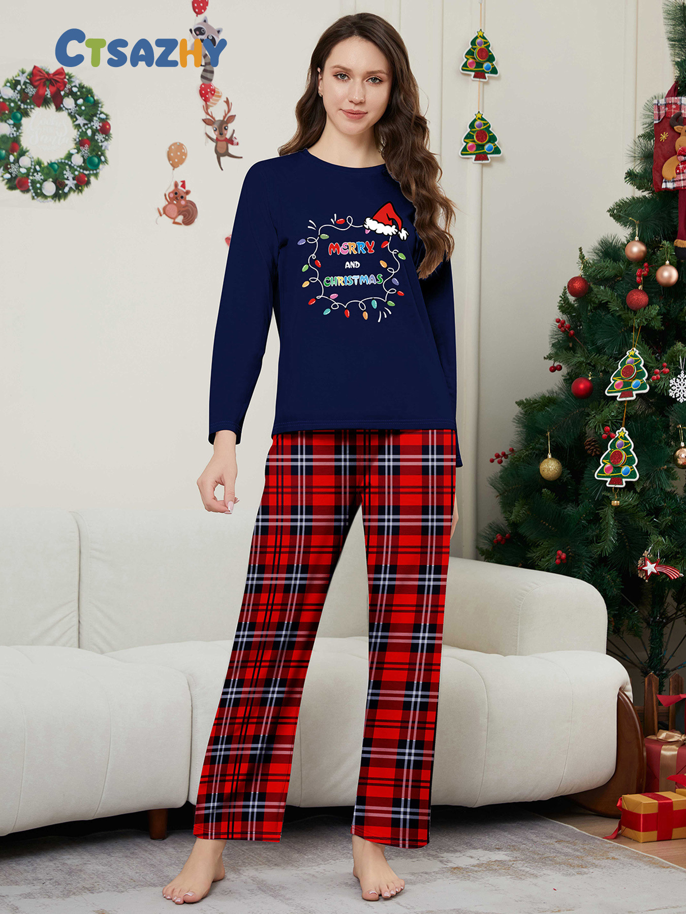 Chapeau de Père Noël alphabet lumineux avec vêtements de famille de Noël imprimés vêtements de maison pyjamas_voghion.com