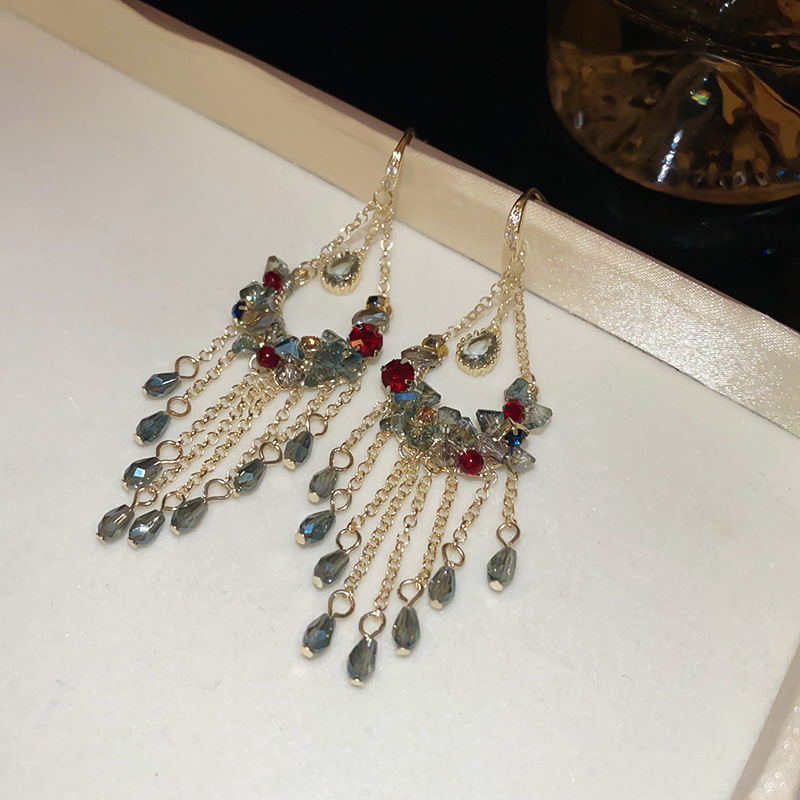 Pendientes de borla de cuentas de vidrio con gotas de agua de diamantes llenos Pendientes de temperamento retro bohemio Pendientes de personalidad de moda exagerada mujer