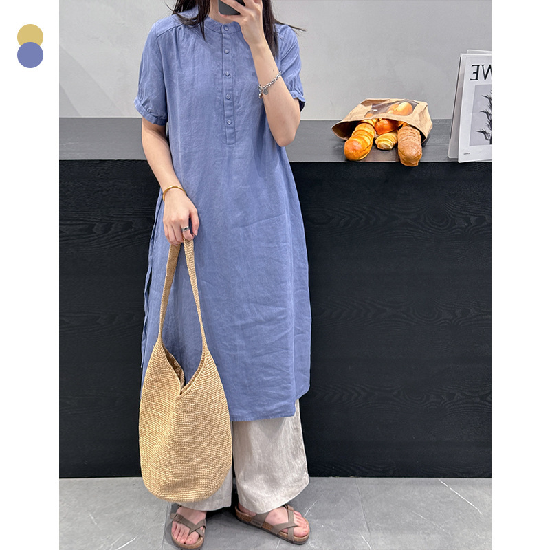 Suding Summer New Linen dress Women's Loose Casual Linen Lace-up Mid-length Linen Dress