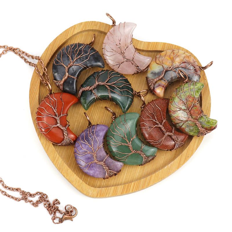 Retro Moon natural stone Copper Metal Pendant Necklace 1 Piece