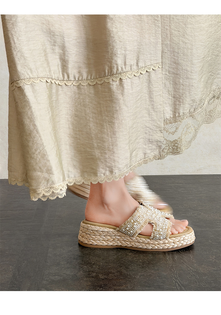 Dép sandal xỏ ngón nữ đế bệt cao 5 cm phong cách Pháp đính ngọc trai và đá — màu trắng ngà, màu mơ chi tiết 10
