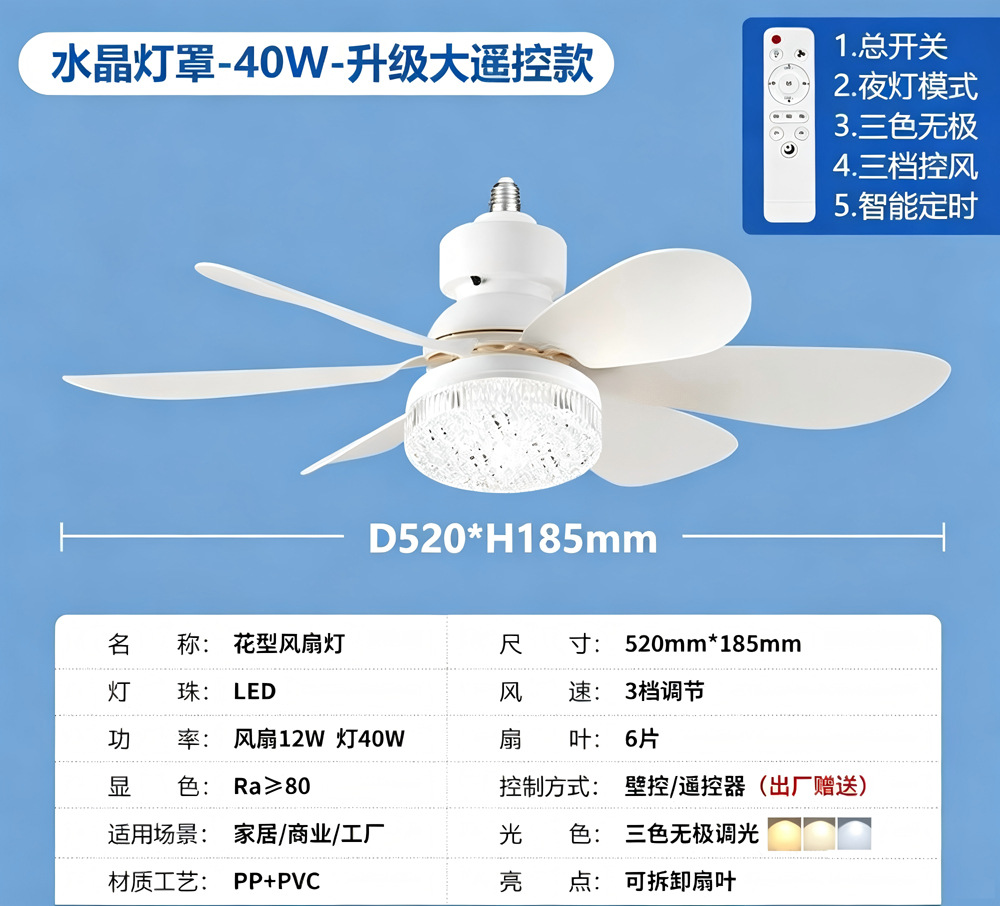 Ventilador de Techo con Luz E27 de ABS Silencioso para Comedor y Dormitorio