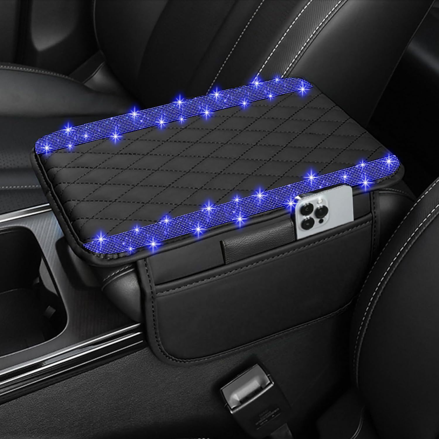 Car Shiny Crystal Armrest Box Mat Center Console Cover Leather Cover Pad Storage Bag Universal Protective Pad Arm Storage