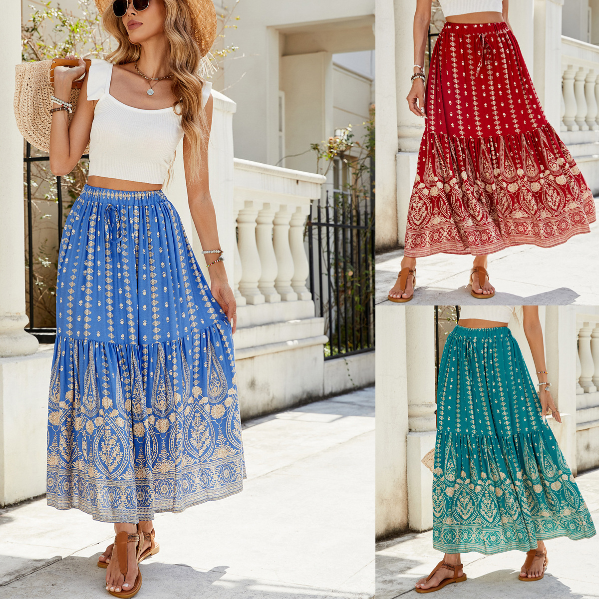 Cross-border Foreign Trade European and American Women's 2025 Spring and Summer Cotton Printed Stitching Skirt Seaside Vacation Big Swing Beach Skirt