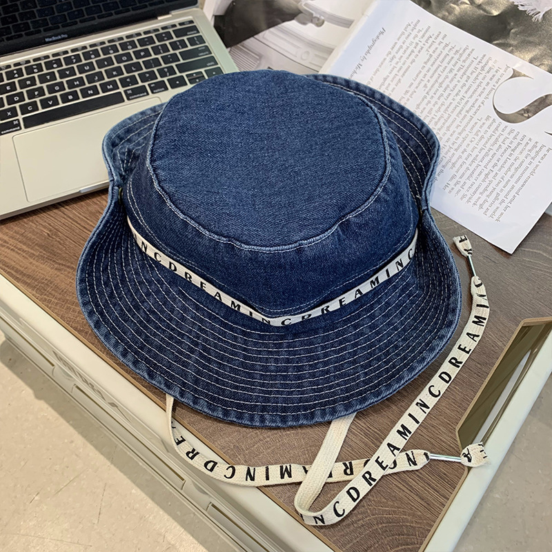 Gorra de pescador con cordones de letras retro coreanas para mujer, sombrero de lavabo de todo fósforo casual de primavera y verano, sombrero de montañismo de mezclilla occidental