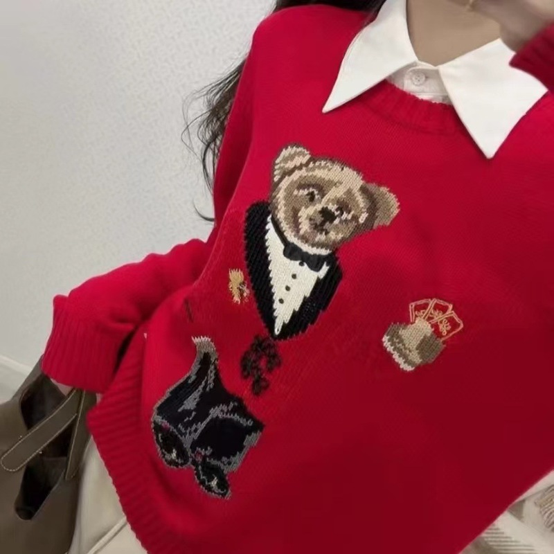 R*L 2025圣诞新年款秋冬时尚宽松小熊刺绣套头针织衫女士毛衣|undefined