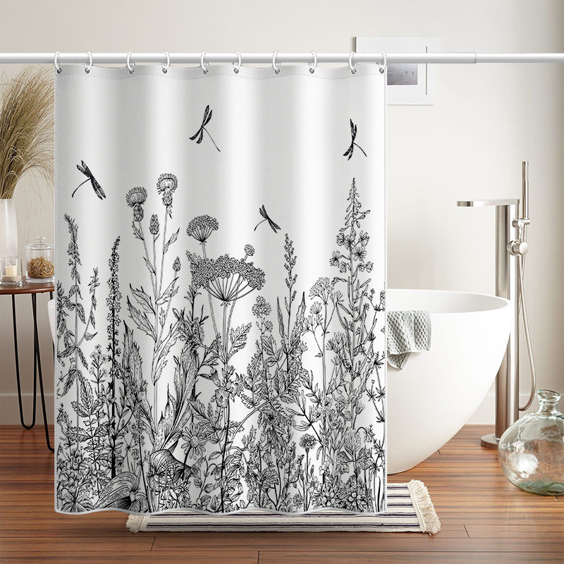 Nordische schwarze Pflanzenblätter, Baumranken, Wald, Berge, Großhandelsware, wasserdichte Polyester-Dusche_voghion.com