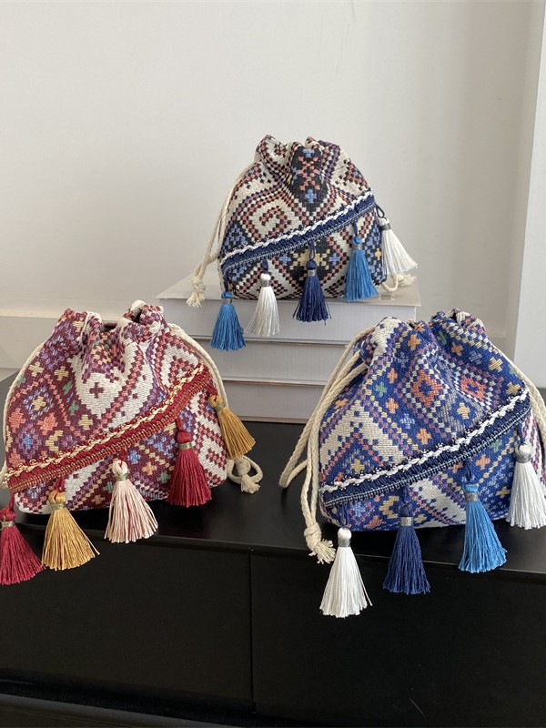 Ethnic Minority Style Women's Bag 2026 New Trendy Fashion Tassel Bucket Bag Ethnic Drawstring Shoulder Crossbody Bag