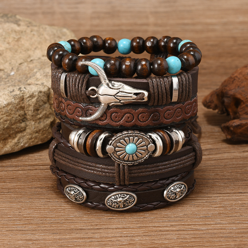 跨境欧美复古男士皮质手链 多层编织牛头骷髅民族风手环 时尚潮流