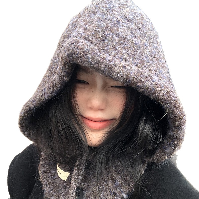 蓝色巴拉克拉法帽女秋冬百搭帽子围巾一体羊毛混纺针织保暖护耳帽|undefined