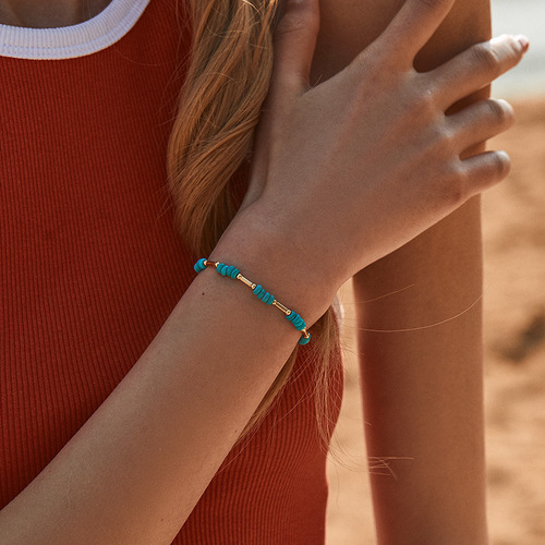 Summer New Luxury Niche Design Turquoise Handmade Bead Bracelet with Copper Tube Plated 18K Gold Elegance Necklace