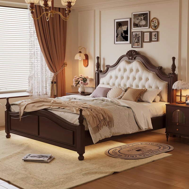 Full Wood Jointed American-Style Vintage Solid Wood Bed 1.8m /2* 2.2m Double Bed for Master Bedroom with Mid-Century Style Genuine Leather Soft Headboard Full Wood Jointed American-Style Vintage Solid Wood Bed 1.8m /2* 2.2m Double Bed for Master Bedroom with Mid-Century Style Genuine Leather Soft Headboard