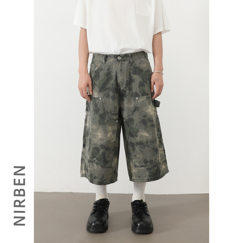 Nirben Cowboy | American Retro Mist-Dyed Camouflage Cropped Pants for Men, Loose Straight Casual Cargo Shorts