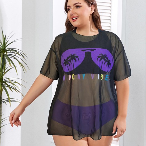 European and American Swimwear Custom Printed Sheer Mesh Transparent Tank Top and Bikini Set for Plus Size