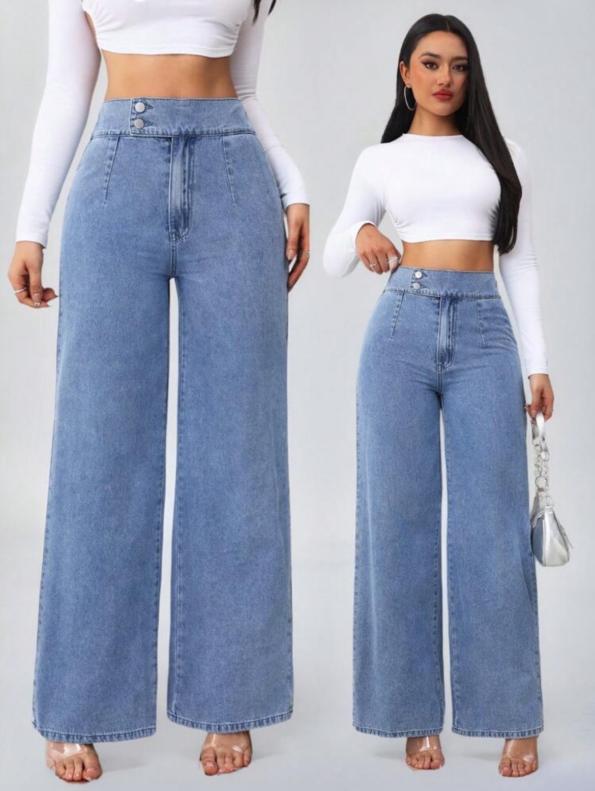 Högmidjade jeans med raka ben för damer med dubbla knappar_voghion.com