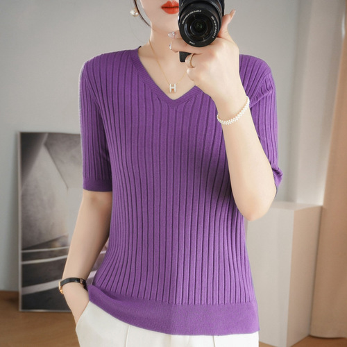 New year's new versatile short-sleeved T-shirt slim striped women's sweater slimming bottoming wear inside and outside
