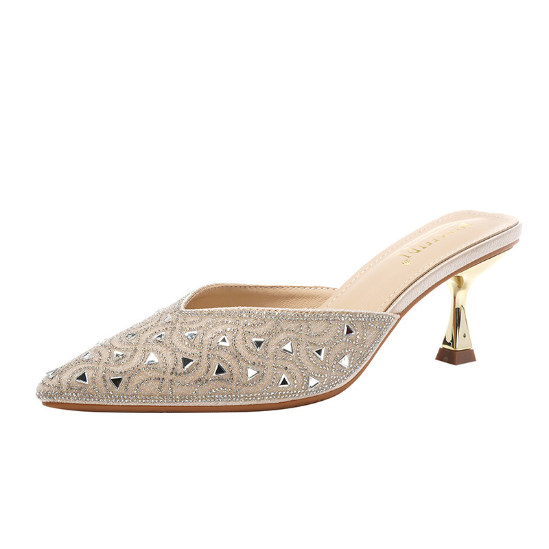 2025 nuevas medias zapatillas de diamantes de imitación de celebridades de Internet de verano Baotou sandalias de tacón alto image 6