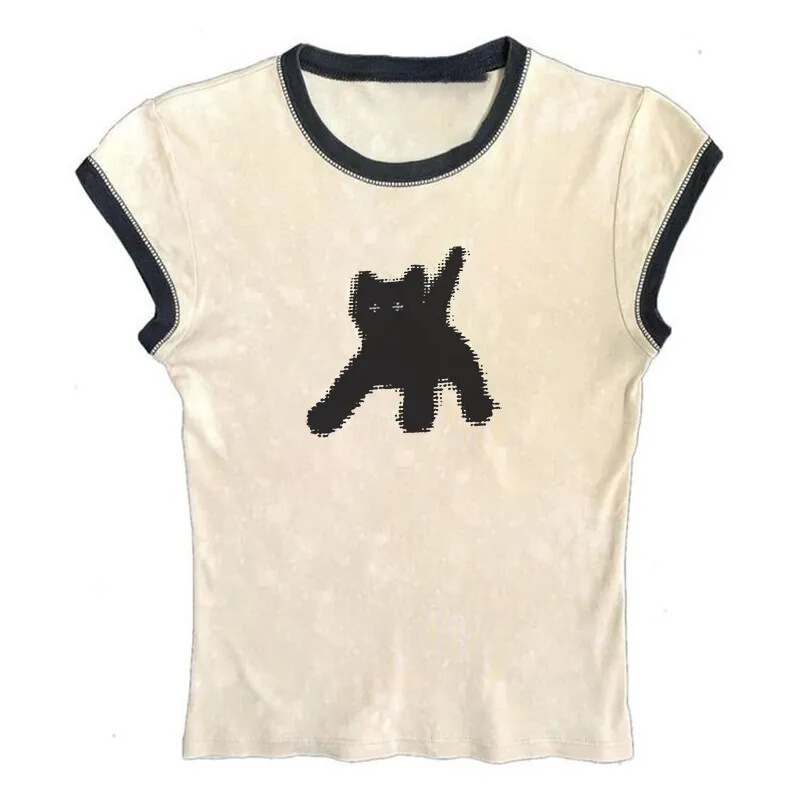 Cross-border European and American printed T-shirt cute casual ins sweet summer street round neck color matching Joker jacket wholesale Cross-border European and American printed T-shirt cute casual ins sweet summer street round neck color matching Joker jacket wholesale