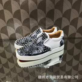 cl andgz男鞋印染布满银钉一脚蹬红底鞋低帮铆钉女鞋情侣休闲板鞋