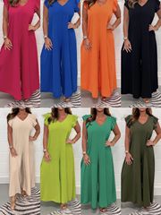 Amazon 2025 新しい夏のヨーロッパとアメリカの服レースアップフリルワイドレッグパンツ無地カジュアルジャンプスーツ女性のための