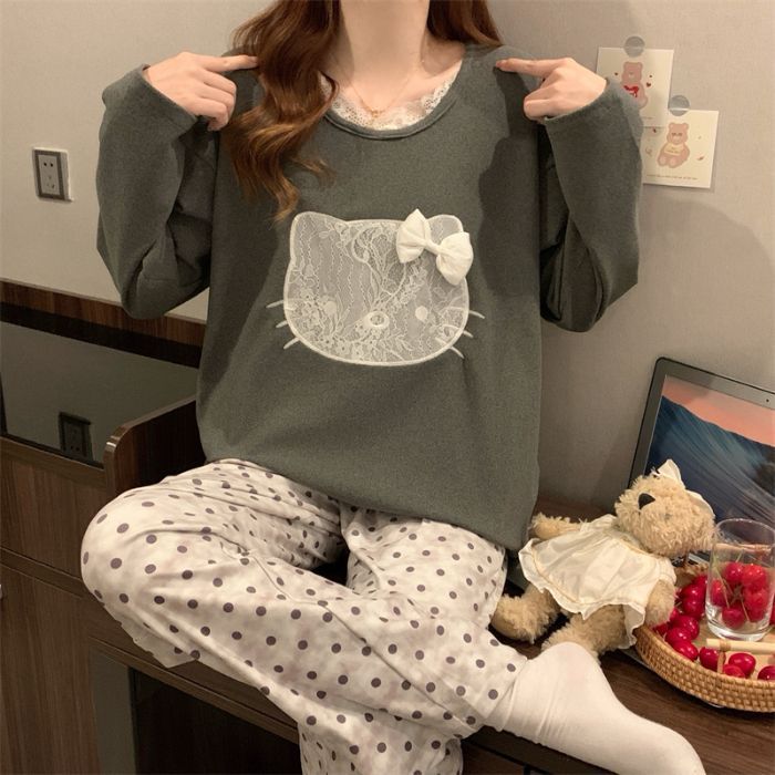 Al por mayor transfronterizo otoño y invierno manga larga de terciopelo de dibujos animados cálidos lindos ropa de hogar pijamas de mujer simple ropa de hogar suelta cubierta