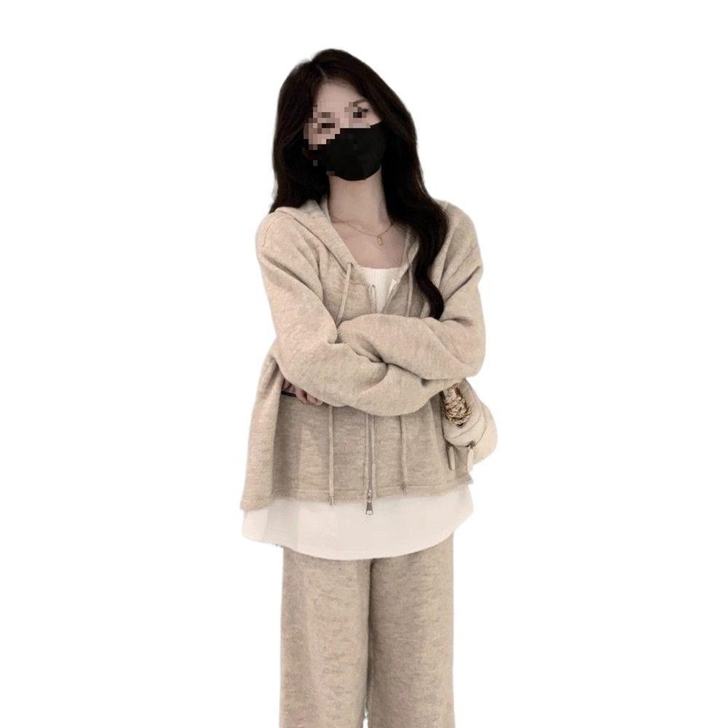 秋季套装女2025年新款休闲时尚假两件连帽卫衣宽松阔腿裤两件套|undefined