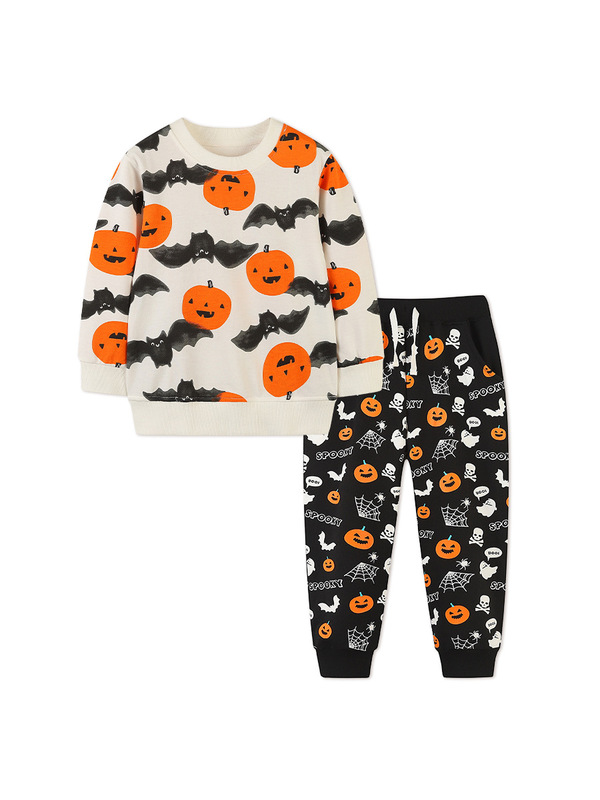 秋のクロスボーダーサプライボーイズ長袖スーツヨーロッパとアメリカンスタイルのハロウィンカボチャプリントニットコットンパンツ2点セット|undefined